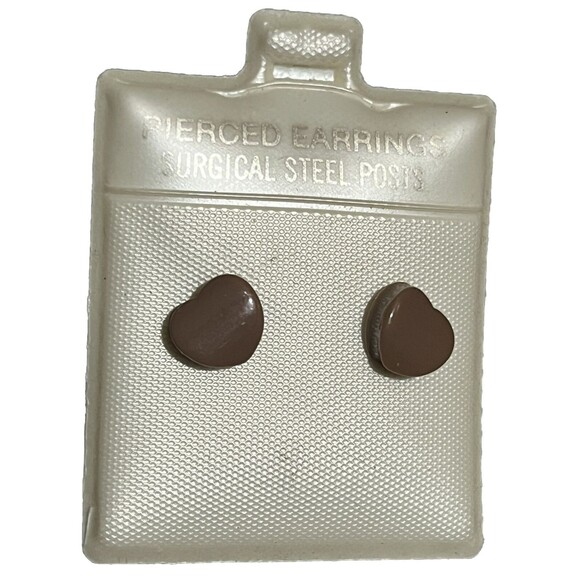 Heart Earrings Vintage 80s Studs Brown Pierced Surgical‎ Steel Romantic Cottage - Picture 1 of 3